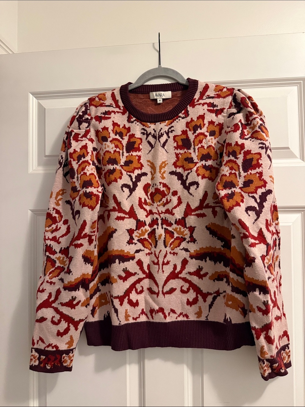 Anna Floral Jacquard Crewneck Sweater - Pink & Burgundy
